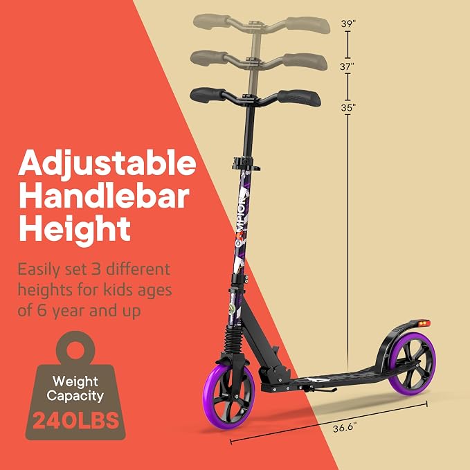 Campior Kick Scooter for Ages 6+, for Kids, Teens, and Adults, Max Load 240 LBS, Foldable, 8-inch Big Wheels for Kids and Adults, with Kickstand, 3 Adjustable Levels, Child Safety Approved, Purple
