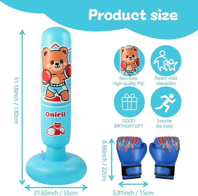 Onirii Kids Inflatable Punching Bag | Large Stable Kids Inflatable Boxing Bag Toy Set with Gloves for Boys & Girls Age 3-12 for Taekwondo,MMA and Practicing Karate