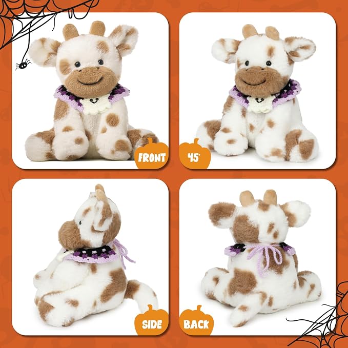 Hopearl Adorable Halloween Plush Cow Toy with Knitted Cute Ghost Bib Floppy Dairy Cattle Soft Stuffed Animal Kawaii Gifts for Boys Girls Kids Toddlers, Light Brown, 9''