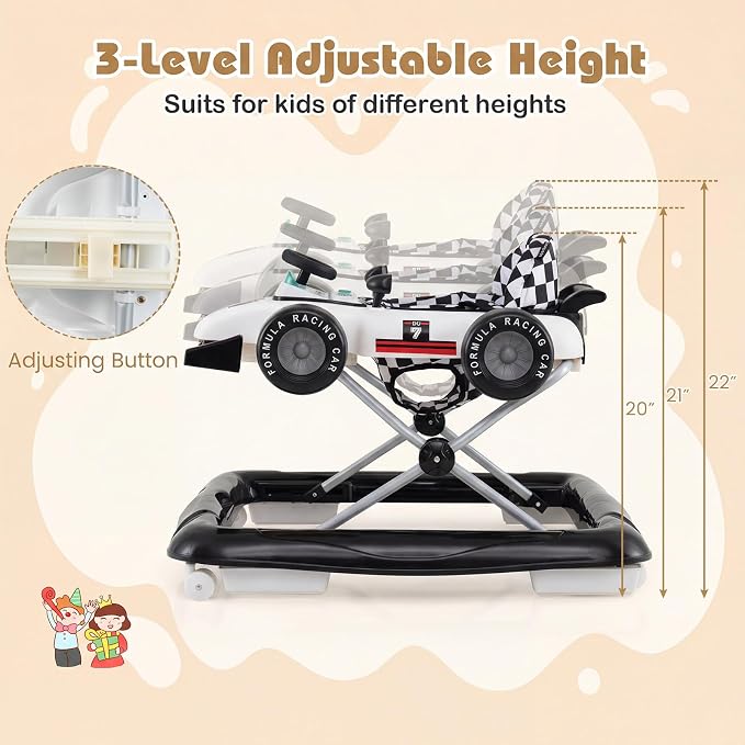 BABY JOY 4-in-1 Baby Walker, Foldable Activity Walker with Push Mode, Adjustable Height, Lights, Anti-Rollover, Baby Walker with Wheels for Boys Girls 6-18 Months (White)