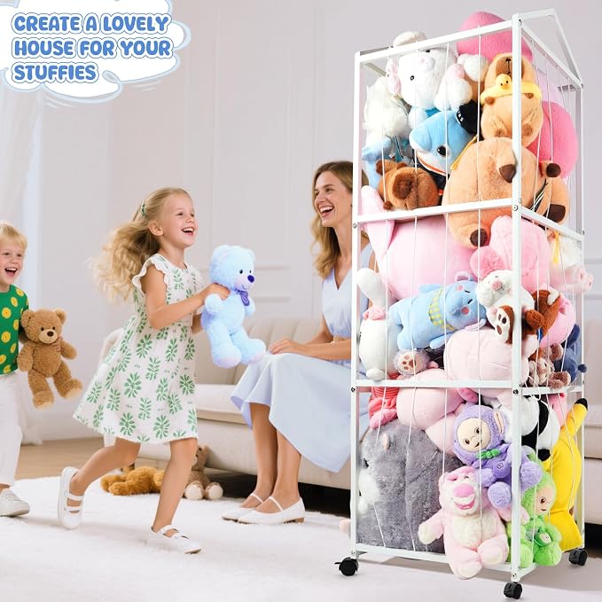 NomNest Stuffed Animal Storage Zoo – Large Metal Plushie Organizer Holds 50+ Toys, Heavy Duty Teddy Bear Toy Holder with Wheels for Bedroom, Playroom, Nursery (White)