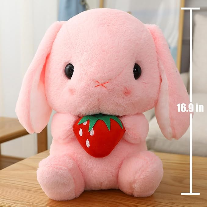 HOUPU Soft Toy - Sitting Lop Eared Rabbit, Easter White Rabbit Stuffed Bunny Animal with Carrot Soft Lovely Realistic Long-Eared Standing Pink Plush Toys (Pink-Strawberry,16.9in/43cm)