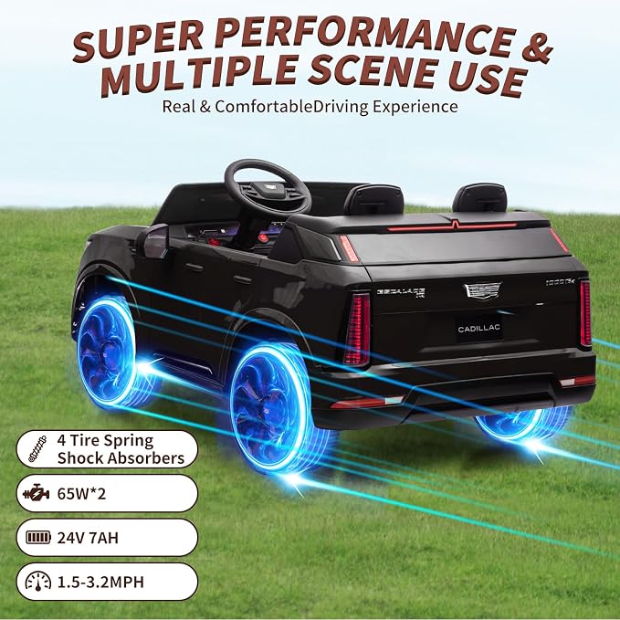 24V Ride On Car, Licensed Cadillac Battery Powered Electric Vehicle w/Remote Control, 2 Seater, 4-Wheel Shock Absorbers, Smooth Start, Music, LED Lights for Boys Girls