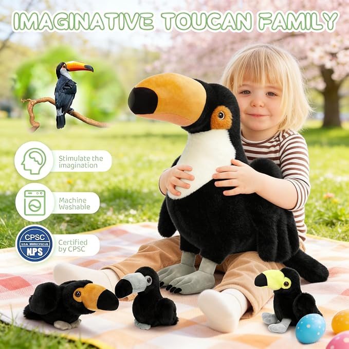 MorisMos 24" Giant Toucan Stuffed Animal Mommy with 3 Baby Toucan Toys for Kid Girl Boy, Realistic Black Bird Plush with Baby Bird Toys Gift for Birthday, Tropical Rainforest Stuffed Animals Decor