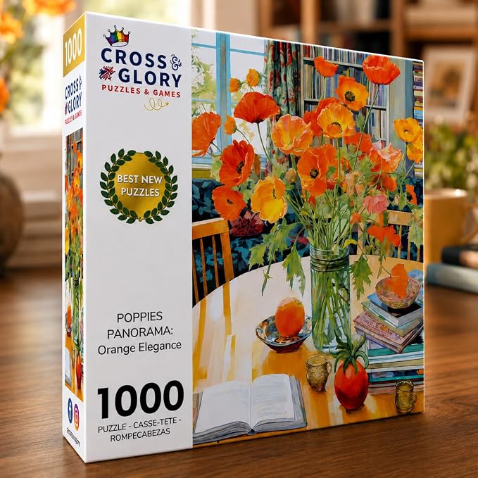Cross & Glory - Poppies Panorama: Orange Elegance - Jigsaw Puzzles 1000 Pieces for Adults | Floral Puzzle | Vibrant Art | Satin Finish Flower Puzzles for Adults 1000 Pieces | 20 x 27 Inches