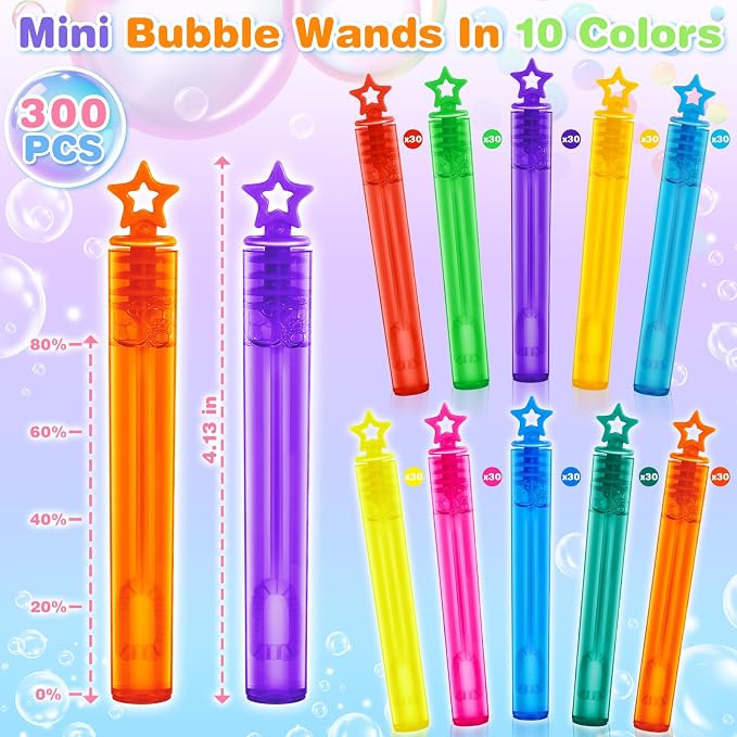 OCHIDO 300 Pieces Mini Bubble Wands in 10 Colors, Bubbles Party Favors for Kids, Bubble Wands Bulk for Summer Toys Gift, Indoor Outdoor Activity, Themed Birthday, Wedding, Goodie Bags Stuffers