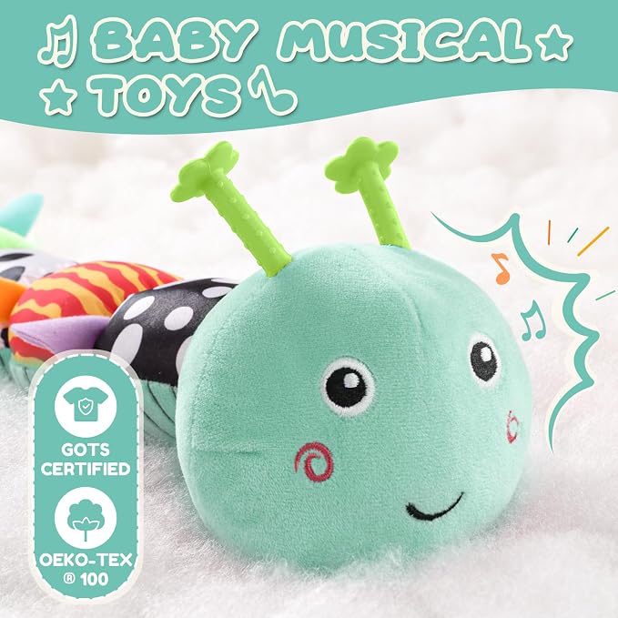 AWOTOY Baby Toys 0-6-12 Months,Musical Caterpillar Stuffed Animals Activity Infant Toys with Crinkle,Rattles,Mirror&Pull String,Muti-Sensory Toys Gifts for Newborn Tummy Time,Mint Blue|Leafy