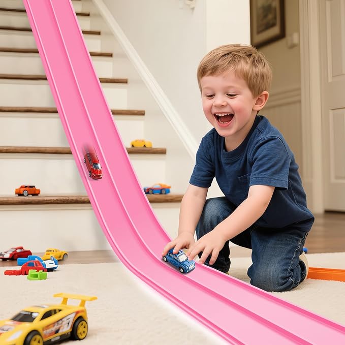 Flexible Race Track for Kids 3+, Flexible Car Track 15Ft Race Track Compatible with Diecast 1/64th Cars, Roll Up Car Ramp Toy with Strong Suction Cups