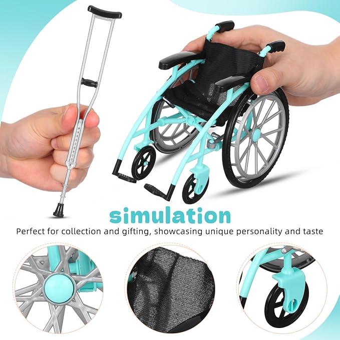 Garneck 1 Set of Green Miniature Wheelchair and Crutches Playset for Doll: Miniature Wheelchair Model for Dollhouse Furniture Accessories DIY Micro Scene Decor