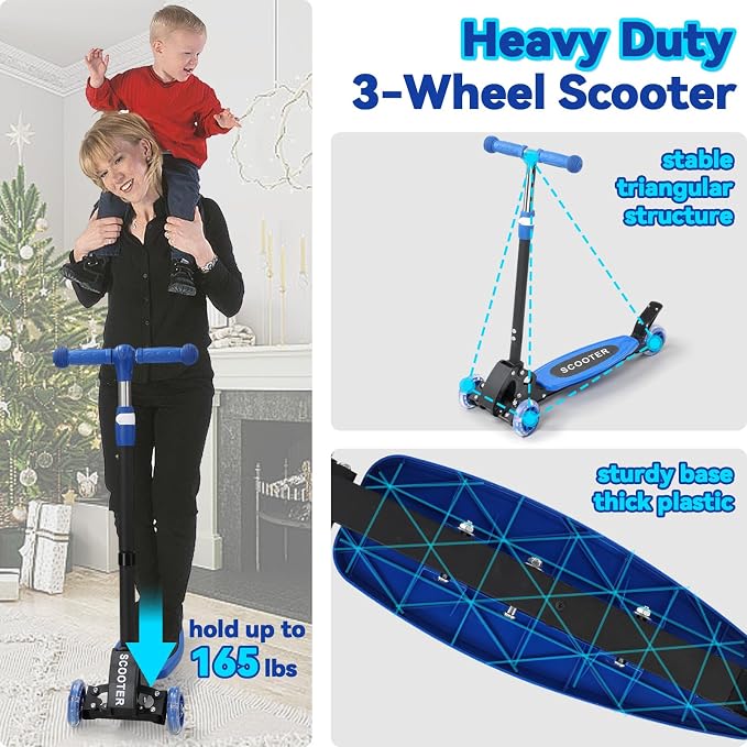 Scooter for Kids 3-12, Kid Scooters with Extra-Wide Deck, 165 lbs Capacity, 3 Wheel Kick Scooter with Lean to Steer, Height Adjustable Handlebar, Light Up Wheels for Stable Smooth Riding, Child Gift