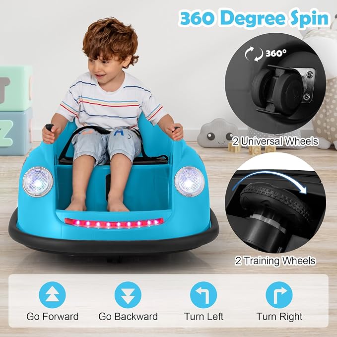 Costzon Bumper Car for Toddler, 12V Electric Kids Ride on Bumper Car with Remote Control, 360 Degree Spin, LED Lights, Music, Battery Powered Baby Bumping Toy Gift for Toddlers 2-5 Years Old (Blue)