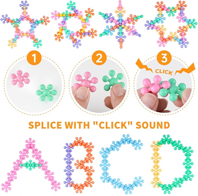 300PCS Interlocking Snowflake Building Block Toy for Kids Ages 3+, Multi-Color Solid Plastic Early Learning Creativity Educational STEM Toy with Carrying Case Safe Material (Macaron Colors)