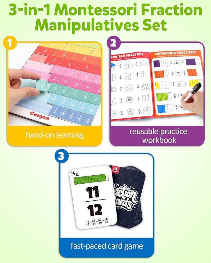 Coogam Magnetic Fraction Tiles - Montessori Math Manipulatives for Fraction Learning & Practice, Educational Games for Homeschool & Classroom, Grades 2-5
