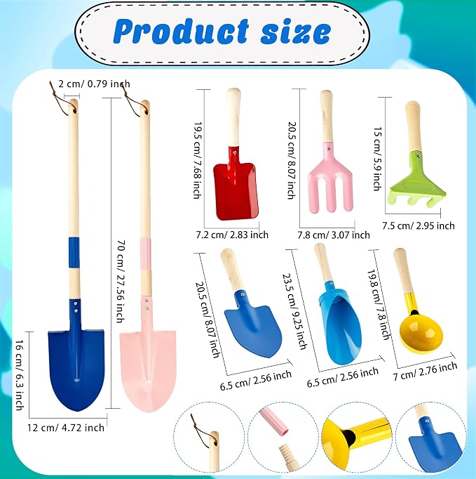 8 Pieces Kids Beach Sand Tools Metal Beach Spoon, Trowel, Rake, Forks, Flat and Pointed Shovel Sand Digging Buckets with Sturdy Wooden Handle for Children Gardening Use