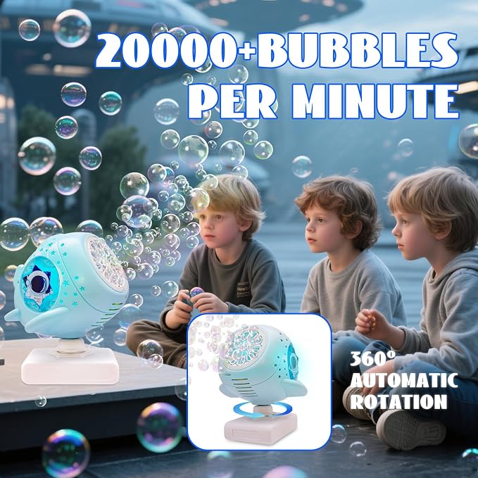 Bubble Machine with Remote Control,360° Automatic Rotation & LED Lights, Type-C Charge, Bubble Maker for Kids Ages 3-15, Weddings, Birthday Parties, Outdoor Activities (Spaceship)