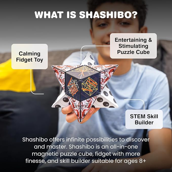 Shashibo Sensory Fidget Toy for Adults & Kids, Stress Relief Fidget Toy for Adults, Teens & Kids, Cool Fidget Toys for Desk, Classroom Must Have, Sensory Shape Shifting Cube, 100+ Possible Shapes
