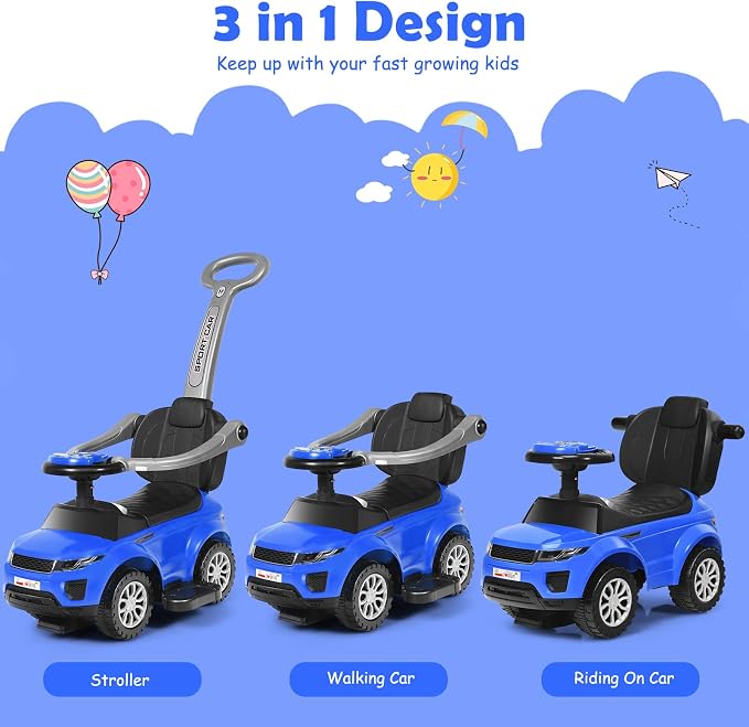 Costzon 3 in 1 Ride on Push Car, Stroller Sliding Walking Car with Horn, Music, Light, Under Seat Storage, Parental Handle, Armrest Guardrails, Ride on Toy for Boys & Girls (Blue)