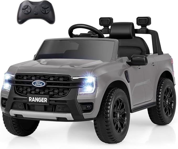 Licensed Ford Ranger Ride on Pickup Truck by INFANS, 12V Battery Powered Electric Vehicle for Kids with Remote Control, Headlight, Power Display, Bluetooth, MP3, Music, Aged 3-6 Years (Gray)