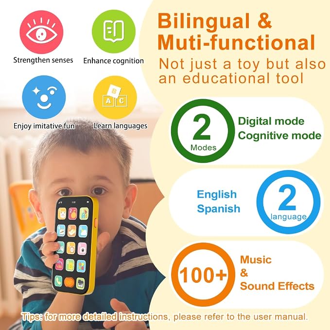 Bilingual Baby Phone Toy Phone for Toddler 1-3, Fun Early Learning Musical Baby Toys for 6-12 Months with Sounds and Light, English/Spanish, Gift for 1 Year Old Boys Girls Kids Infant, Orange