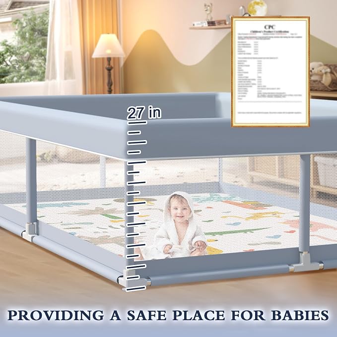 XVISHX 65 x 50 Inch Baby Playpen with Mat, Playpen for Babies and Toddlers, Baby Play Pen Playard for Indoor & Outdoor Active Center Game Fence, Skin-Friendly Fabric and Soft Breathable Mesh, Grey