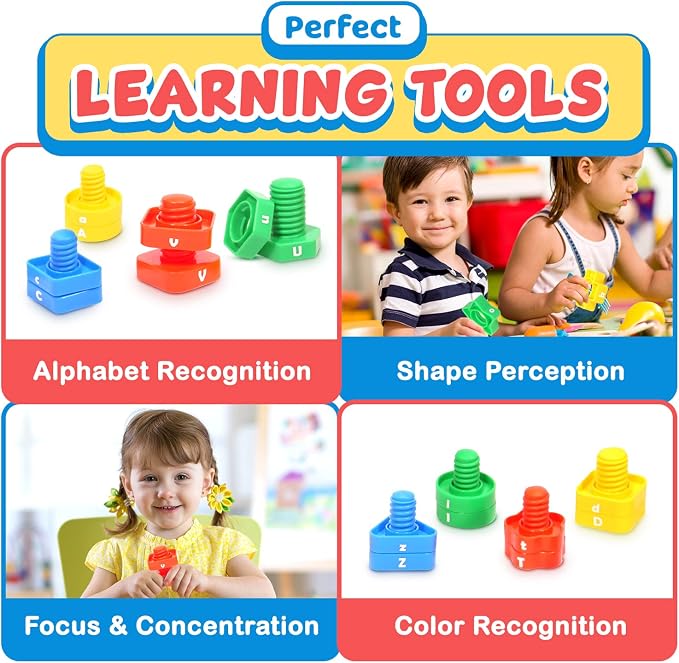 Letters Learning Matching Game | Preschool Toys Set for Toddlers | 26 Alphabet Learning Toys with 52 pcs Nuts and Bolts Sorting & Stacking Toys, ABC learning Educational Montessori Toy for Kids