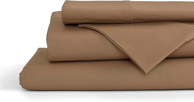 Linen Home 100% Cotton Percale Sheets Twin XL Size, Earthy Brown, Deep Pocket, 3 Pieces Set- 1 Flat, 1 Fitted and 1 Pillowcase, Crisp Cool and Long Staple Strong Bed Linen