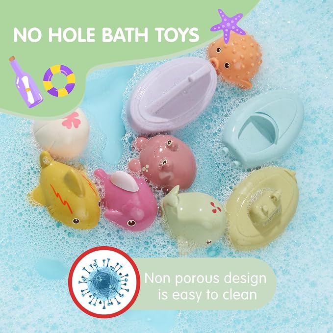 Mold Free Baby Bath Toys, 9 Pack | Sealed No Holes Design, No Water Inside | Soft Easy Grip Floatable Bathtub Toys | Baby Pool Water Toys for 0-6 6-12 12-18 Months, Toddlers 1-3 Years Old Girls Gift