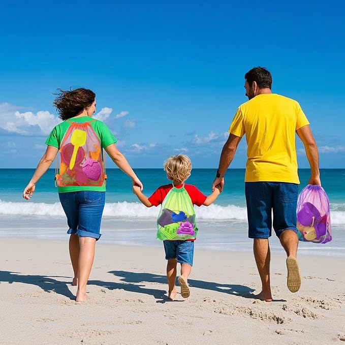 Vodolo 3pcs Beach Toy Bag,Mesh Travel Sand Toys Backpack for Sandbox Buckets,Beach Vacation Essentials for Kids,Shell Collecting Bag Shelling Tools,Must Haves Sand Box Toys Seashell Bags