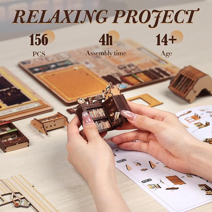 Fsolis Book Nook Kit - DIY Miniature House Kit | Bookshelf 3D Wooden Puzzles for Adult Booknook Gifts for Women Teenagers (Cooking Bookstore)