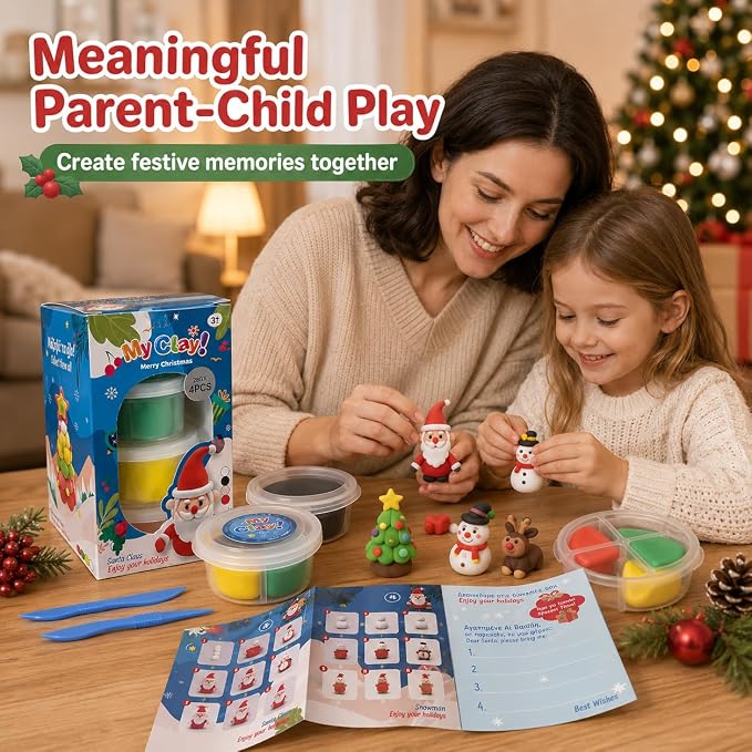 Air Dry Clay for Kids, 4 Christmas Mini Modeling Clay Sets, DIY Snowman Model Magic Clay Kit with Tools & Tutorials, Christmas Stocking Stuffers for Kids, Creatible Art Crafts Toys Gifts Xmas Gift