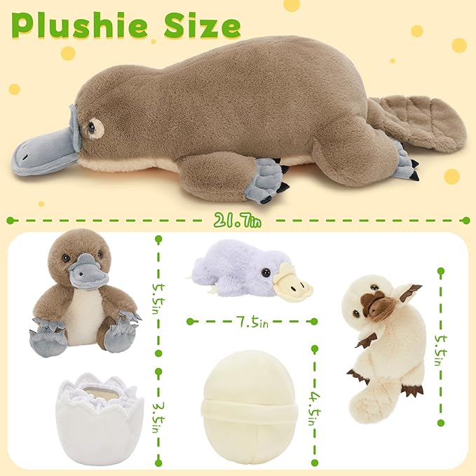 Tezituor 21" Platypus Stuffed Animal with 3 Babies & 2 Eggs, Cute Realistic Platypus Plush Toys for Kids, Christmas, Easter, Valentines, Birthday, Party Decorations