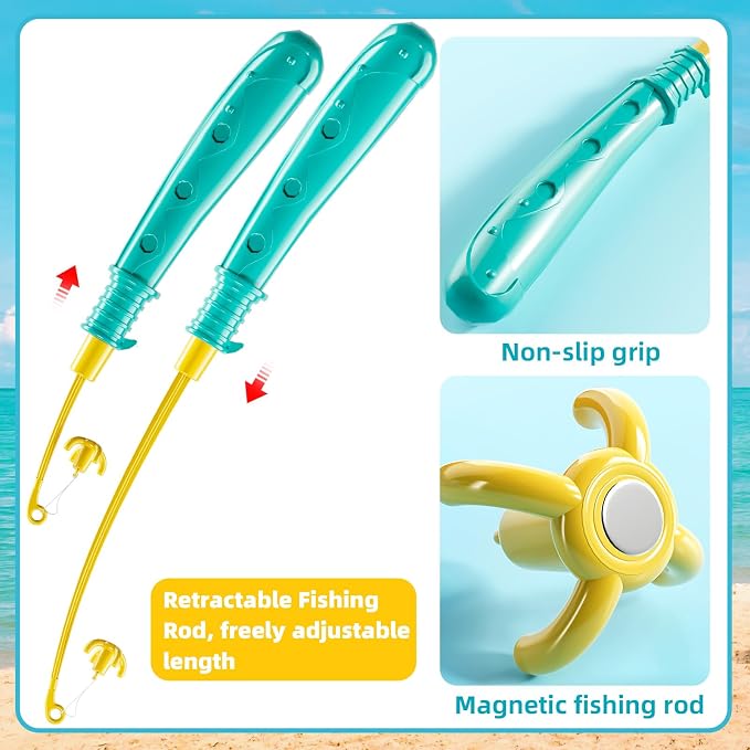 TEMI Fishing Toy Game for Kids 3 4 5 6 7 8 Years Old, 51 Fish Bath Playset for Toddlers, Toy Magnetic Rod and Fishing Net, Outdoor Water Toys for Kids Age 3-5, Party for Boy and Girl