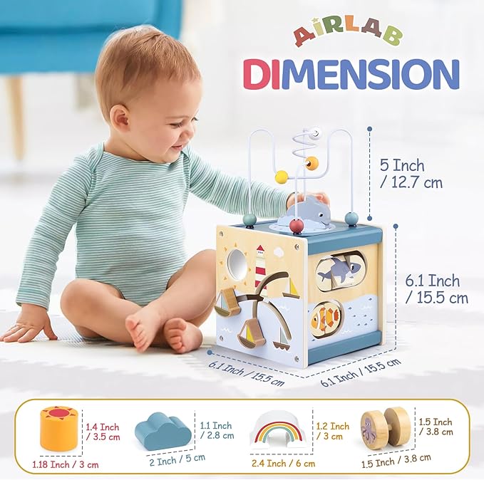 Airlab Wooden Activity Cube Montessori Toys for 1 Year Old Toddlers 12 Months + Toddler Learning Toys 1-3 Boys Girls Baby Sensory Interactive Birthday Gift
