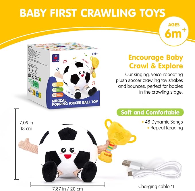 hahaland Musical Baby Soccer Toy for 6-9-12 Month, Plush Tummy Time Ball Toys, Electric Bouncing Infant Toy, Multi-Sensory Stimulation Crawling Talking Early Education Gift for 1 Year Old Boy Girl