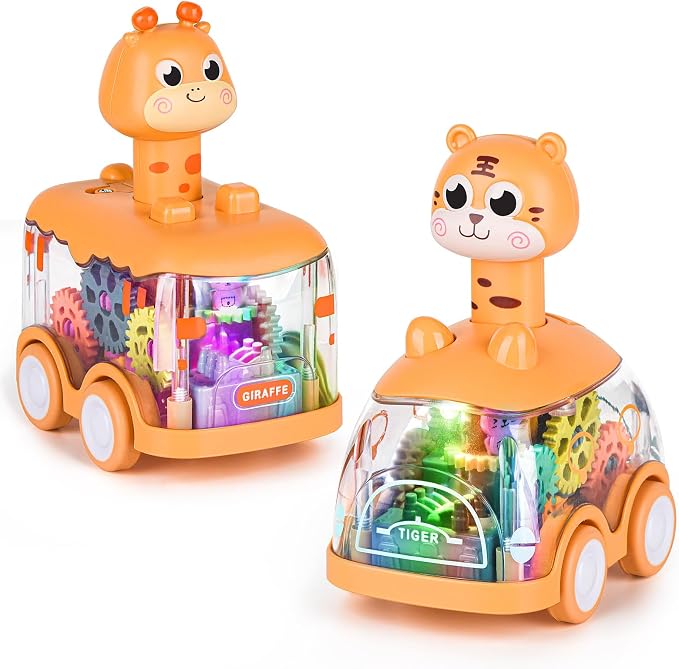 ShinySong Press and Go Car for Toddlers, 2 Pack Light Up Baby Animal Car Toys with Visible Gears, Birthday Gifts for Boys Girls, Giraffe & Tiger