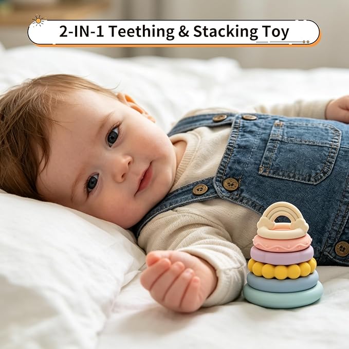 LITTLE RAWR 2-IN-1 Baby Stacking Rings & Teething Toys, Food Grade Silicone Montessori Stacking Toy for Babies 6-12 Months, Sensory Learning & Fine Motor Skills Toy, Baby Gift for Boys Girls (Rainbow)