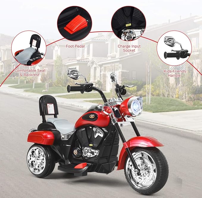 Costzon Kids Motorcycle, 6V Battery Powered Ride on Chopper Motorcycle w/Horn, Headlight, 3-Wheel Stable Ride on Toys, Electric Toddler Motorcycle for Kids Boys Girls Gift (Red)