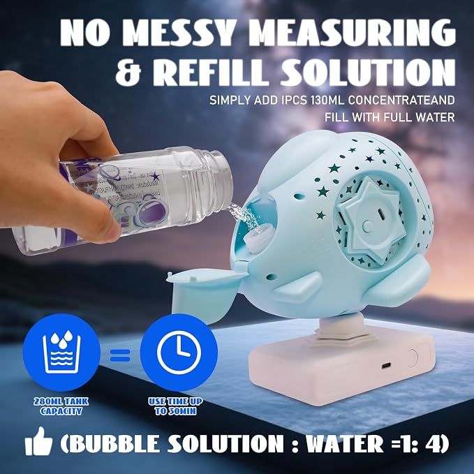 Bubble Machine with Remote Control,360° Automatic Rotation & LED Lights, Type-C Charge, Bubble Maker for Kids Ages 3-15, Weddings, Birthday Parties, Outdoor Activities (Spaceship)