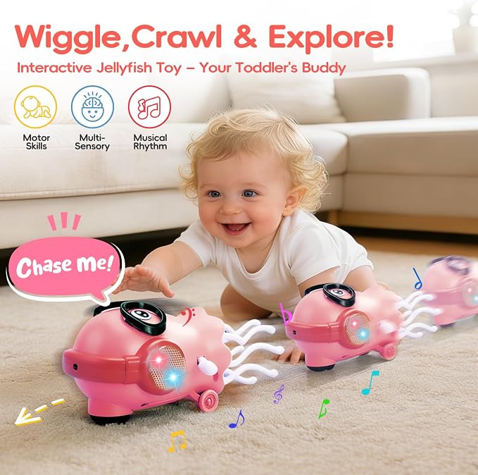 GONINO DJ Dancing Jellyfish Baby Girl Toys, Musical Crawling Tummy Time Toys with LED Light & Smart Obstacle Avoidance, 360° Spin Sensory Toys for Toddlers Kids, Birthday Gifts for Girls, Pink