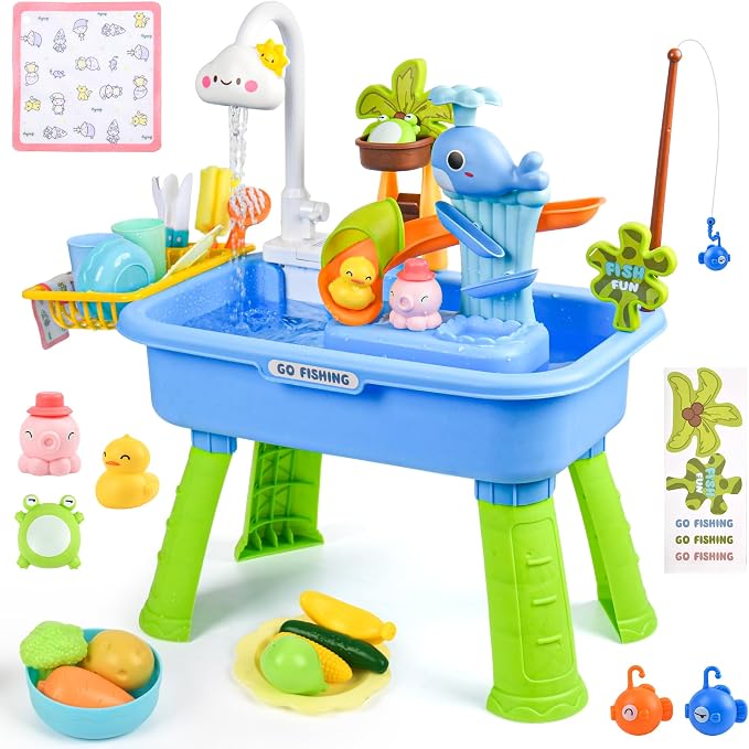 Kids Sand & Water Table — 4-in-1 Kitchen Sink Toy with Battery-Powered Water Pump, Faucet, Play Food & Fishing Set, for Boys & Girls Age 3+ (Blue-Cloud)