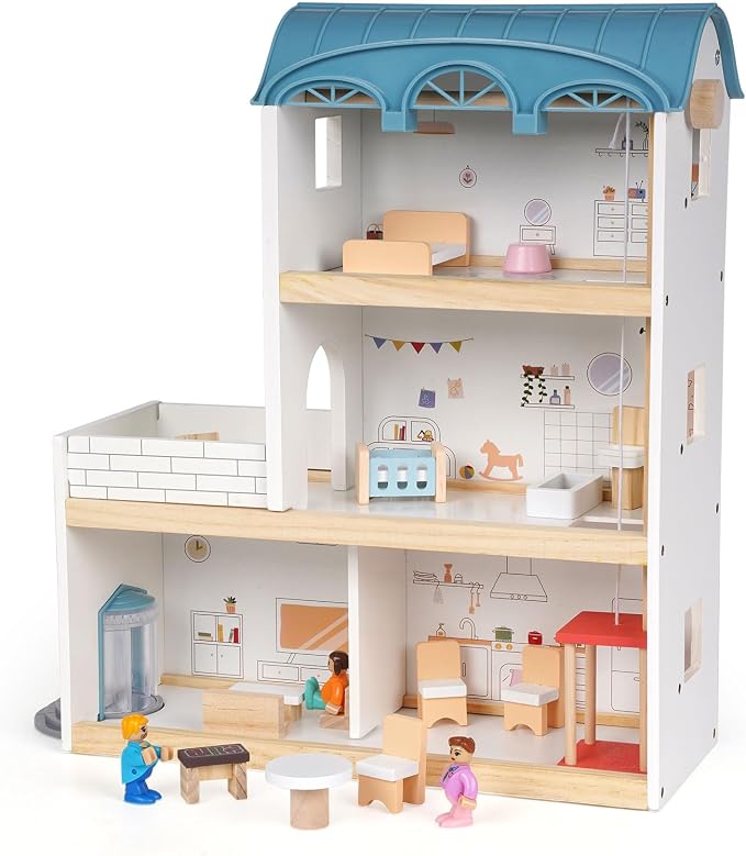 Wooden Dollhouse for Kids, 3-Story Wood Doll House Playset with Furniture, Accessories & 3 Toy Figures, DIY Pretend Play House for Toddlers, Girls & Boys, Miniature Dollhouse with Balcony Gift