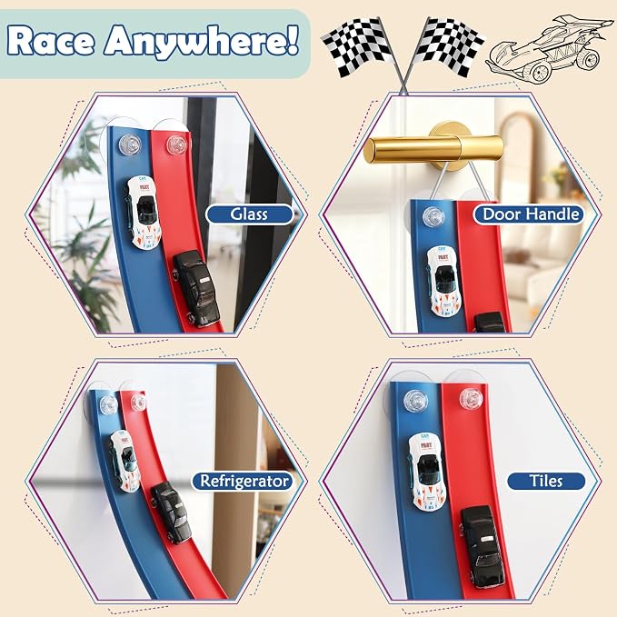 Flex Tracks 15 Ft Starter Set, Flexible Race Track for Kids 3+ with Strong Suction Cups, Flexible Car Track Race Car Ramp Track Compatible with 1/64 Diecast Cars, Portable Rolls Up Race Tracks