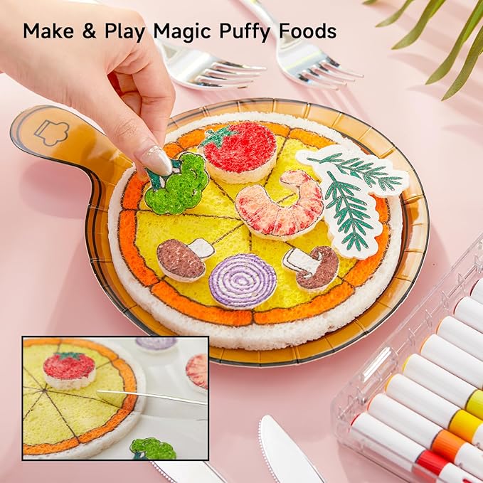 Shuttle Art 104 Pcs Magic Foam Texture Painting Kit Food Series: 34 Food Foam Pieces, Paper Plates, Forks & Knives, 12 Acrylic Paint Markers, Magical 3D Effect DIY Art Craft for Kids Ages 3-12