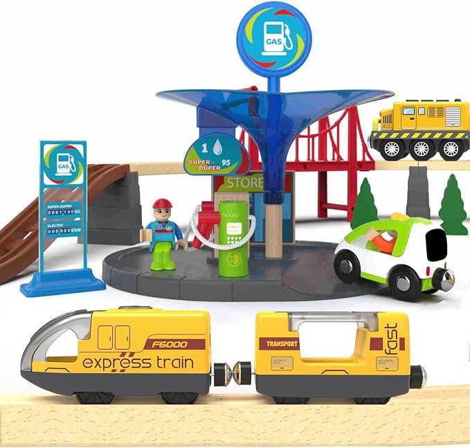 TOPLIVING Motorised Wooden Rail Train, Remote Control Train with Magnetic Connection, Battery Operated Locomotive Trains for Toddlers, Compatible with Thomas, Brio, Chuggington