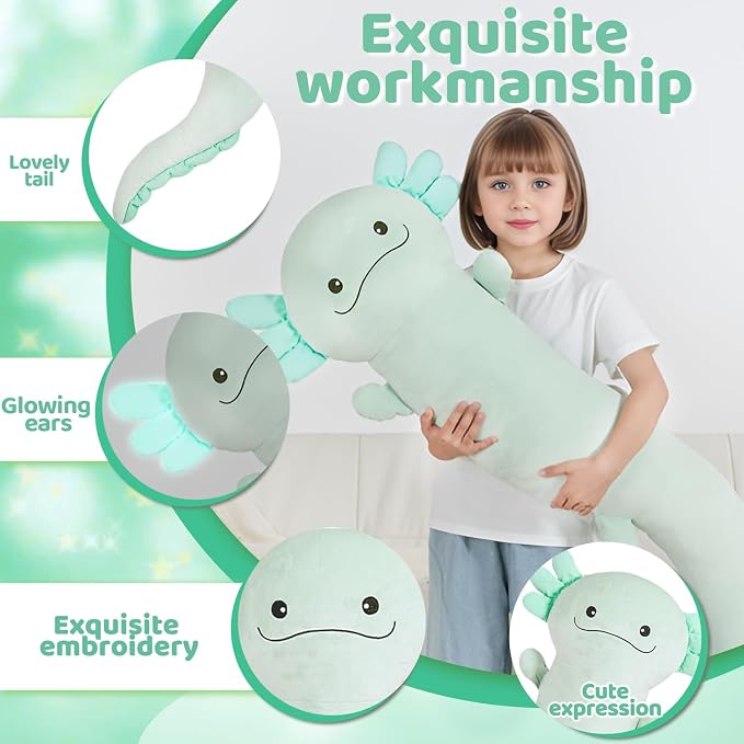 Tianmihou 48 inch Giant Axolotl Plush Stuffed Animal, Big Light Green Axolotl Glow in The Dark Fluorescent Plushies, Jumbo Stuffy Body Pillow Gifts for Kids Adults, Birthday