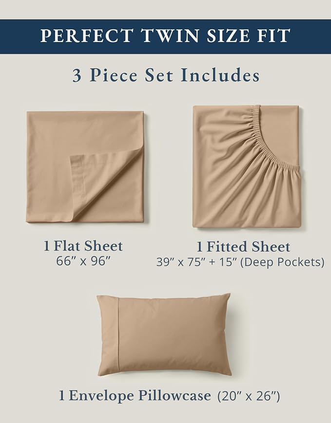 LANE LINEN 100% Organic Cotton Sheets Set Pure Long- Staple Percale Weave - Bedding for Bed Fits Mattress Upto 15in Deep Pocket (Twin Taupe)