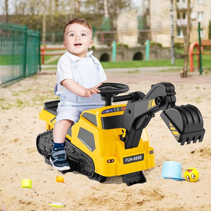 Costzon 3-in-1 Ride on Tractor, Electric Excavator Bulldozer Toy Road Roller w/Adjustable Arms, Music, 6V Ride on Construction Vehicles for Kids 1.5+ Years Old