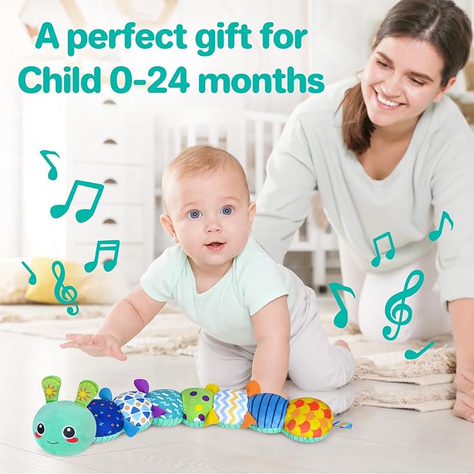 KMUYSL Baby Sensory Caterpillar Toys for 0-6 6-12 Months, Soft Plush Activity Toy with Crinkle, Rattle & Gentle Music, Tummy Time Toy for Infant Newborn, Early Development Toy Shower Gifts for Baby