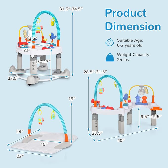 INFANS Baby Bouncer Activity Center, 5 in 1 Toddler Bouncing Activity Saucer Playtime Mat Activity Table with 360°Rotating Seat, 3 Adjustable Height, Foldable Exersaucer Learning Walker (Light Grey)