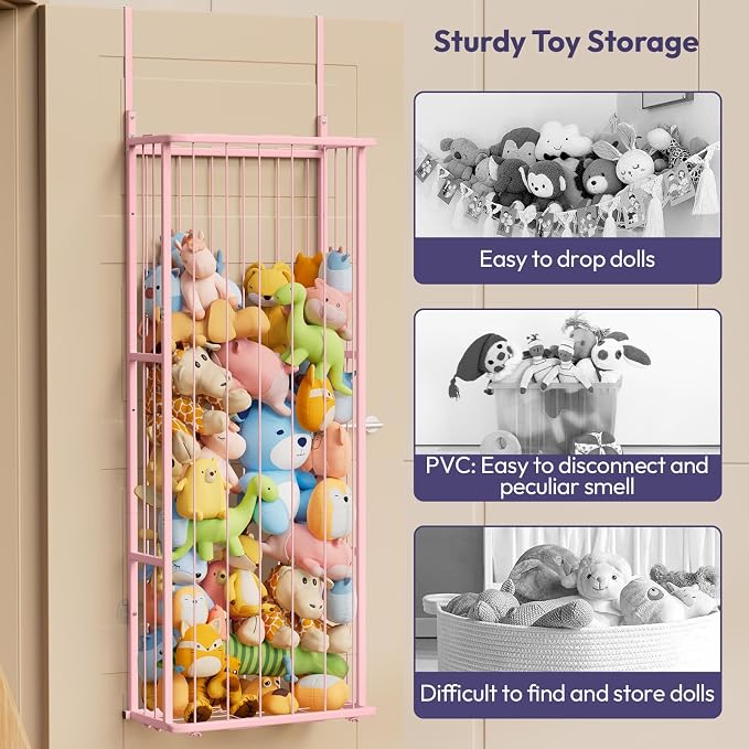 SWTYMIKI Hanging Stuffed Animal Storage, Full Pink, 3-Tier | Over Door, Wall Mounted or Corner, Large Plush Toy Organizer, For Nursery & Kid Room Bedroom